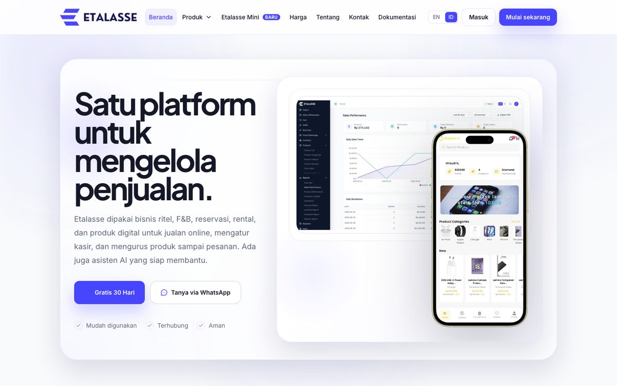Etalasse — Toko online, aplikasi kasir, dan asisten AI dalam satu sistem.