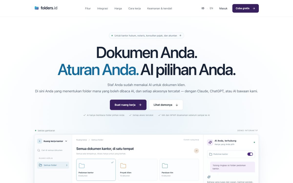 Folders — Penyimpanan dokumen klien dengan akses AI yang bisa Anda atur per folder.
